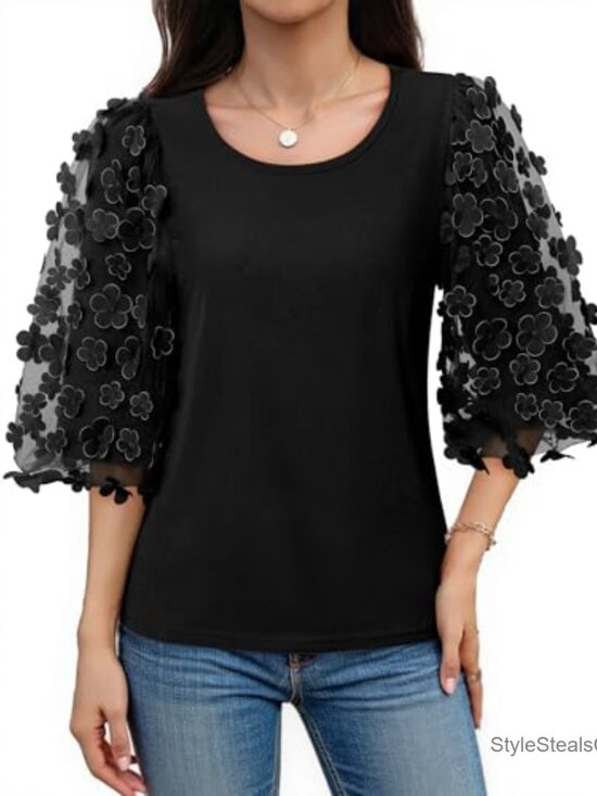Cotton Blend 3/4 Puff Sleeve Crew Neck Blouse with Mesh Appliques - Picture 2 of 6